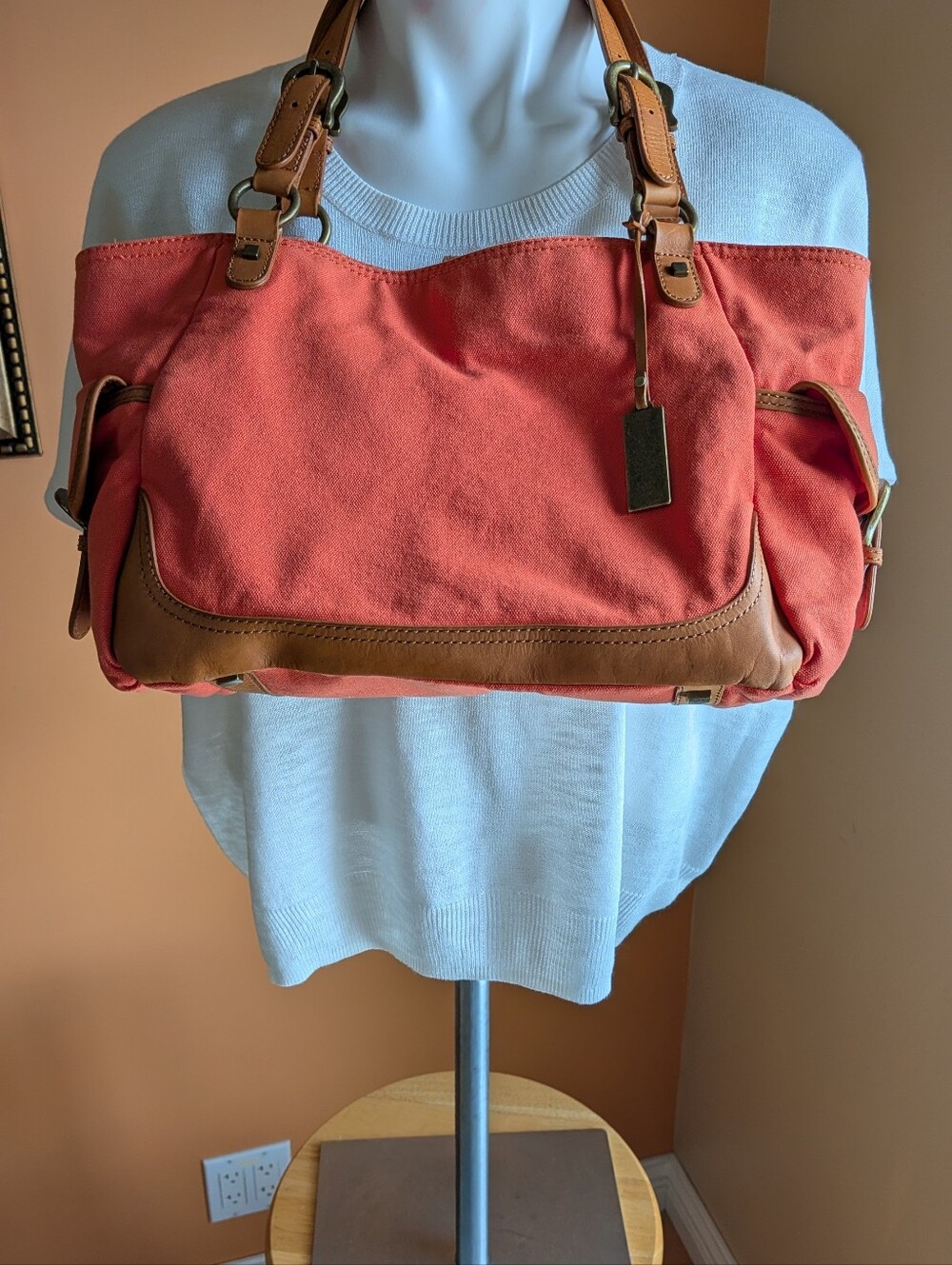 Talbots Canvas Tote Bag with Tan Accent - Coral Orange